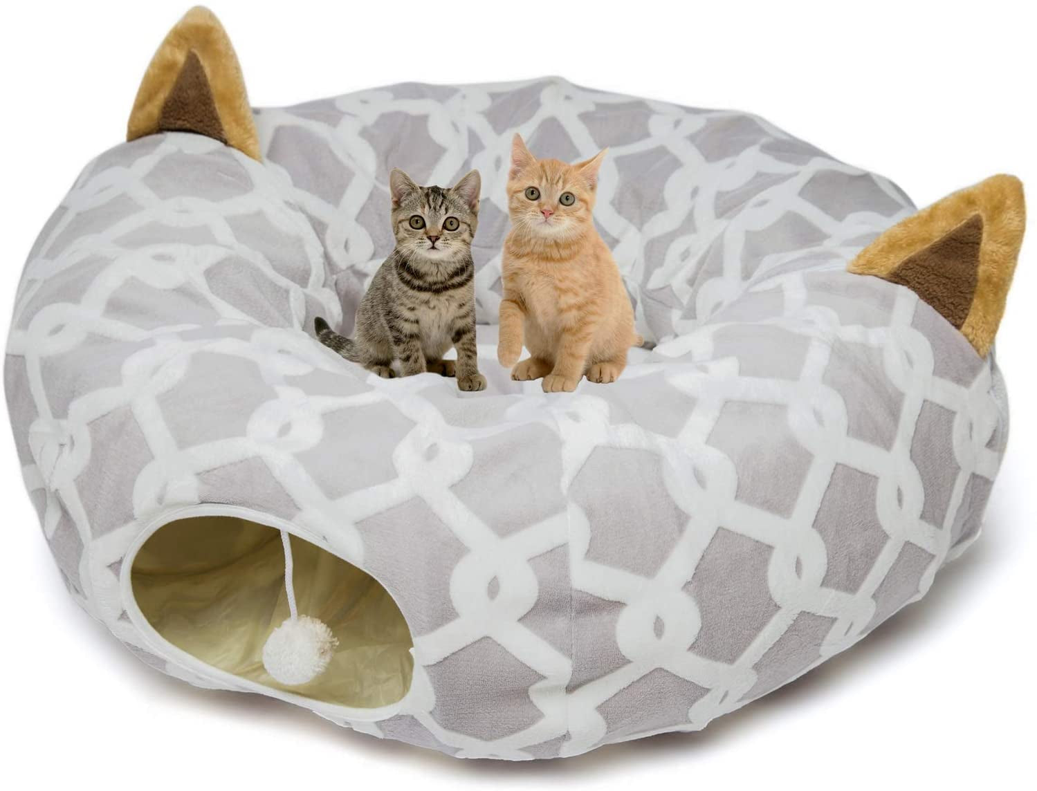 Cat Dog Tunnel Bed with Cushion Tube Toys Oxford Cloth Large Diameter Longer Crinkle Collapsible 3 Way for Large Cats Kittens Kitty Small Puppy Outdoor 3FT