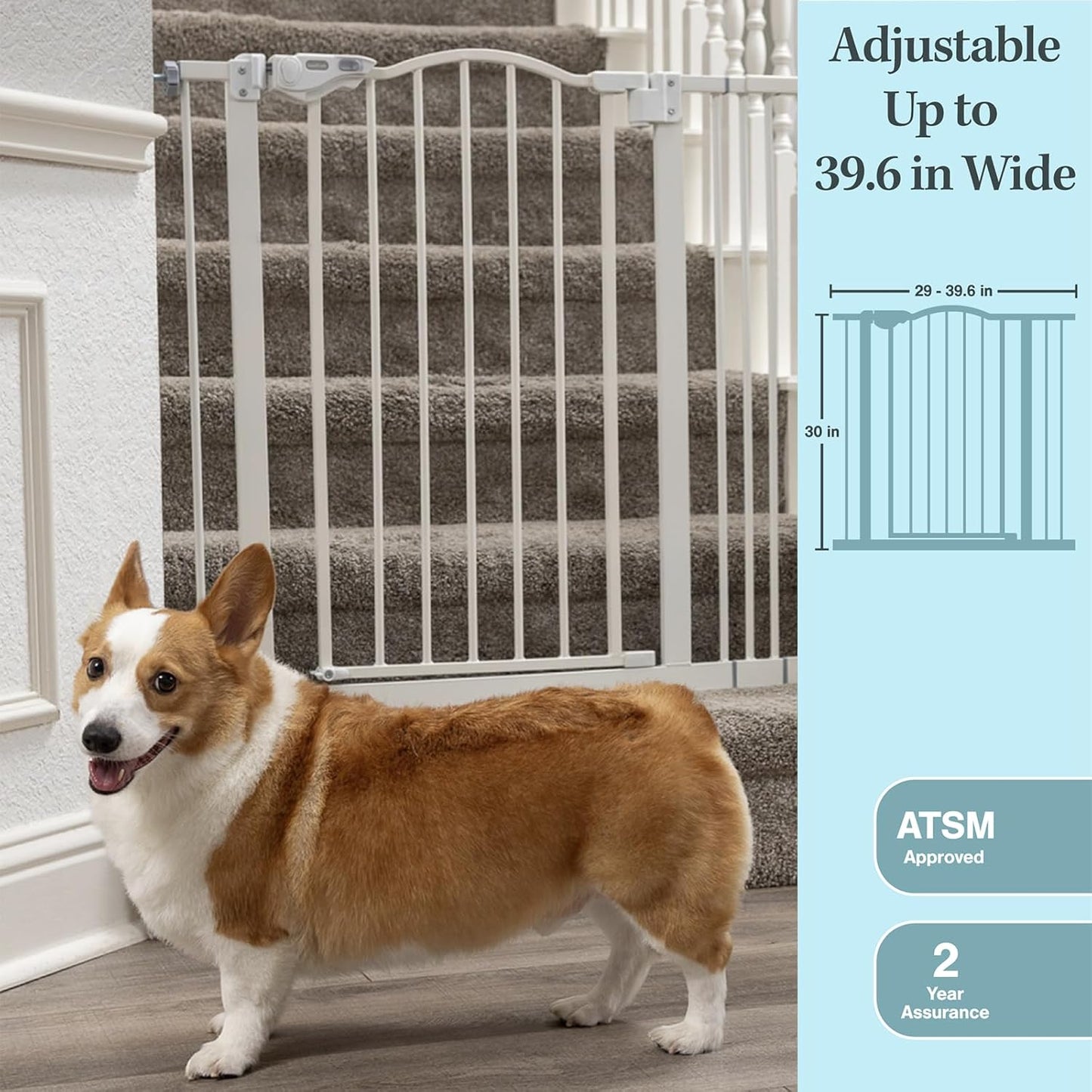 29-39.6" Baby Gate for Pets, Auto Close Both Sides Dog Gate with One-Hand Opening, 30" Tall Safety Gates for Stairs, Hallways, Bedrooms, Wall Pressure Mount No Drill, White