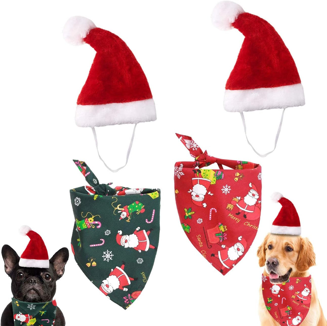 Merry Christmas Dog Bandana Reversible Trianqle Bibs Scarf,Adjustable Christmas Santa Hat for Dogs(Christmas-1, Christmas)